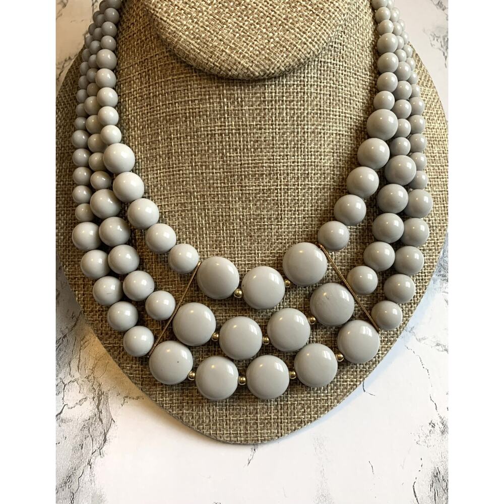 Modernist Necklace Grey 3 Strand 80s Graduated Geometric Statement Bib-